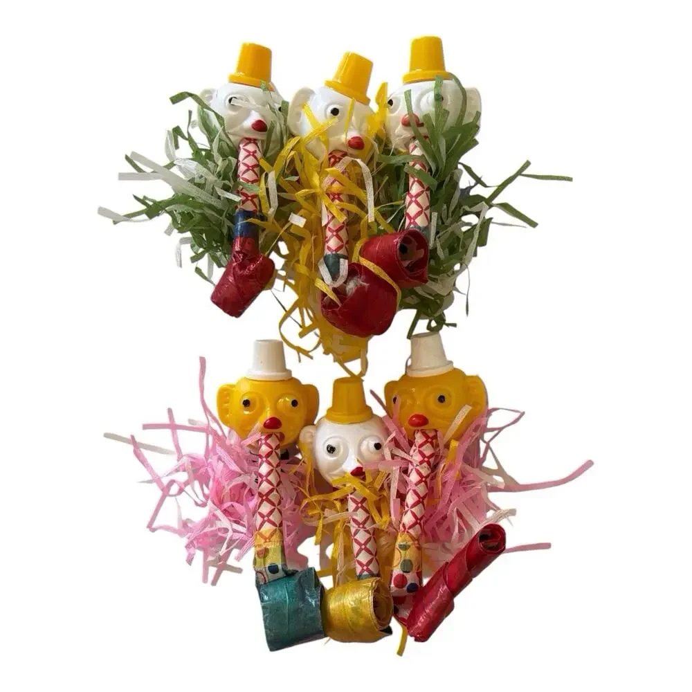 6 Set 1950s Noisemakers Celluloid Clown Cardboard Tube Tissue Confetti Japan
